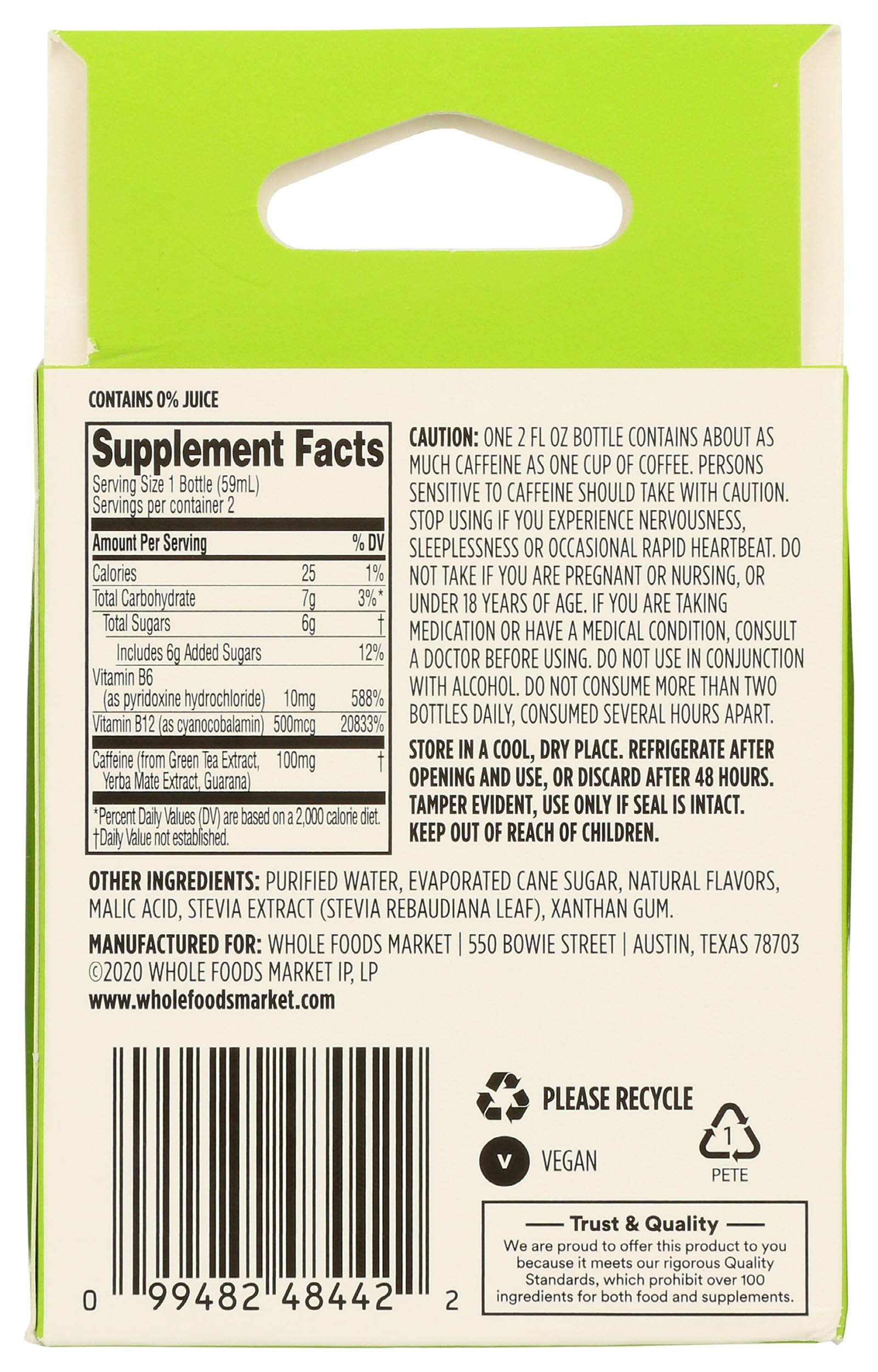 Close-up of 365 energy shot cherry limeade label highlighting clean ingredients