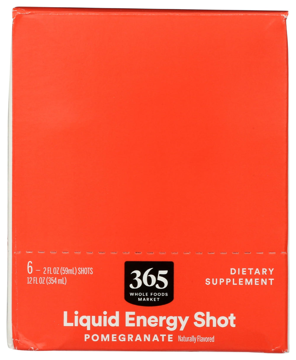 365 by Whole Foods Market Energy Shot label closeup emphasizes zero artificial preservatives