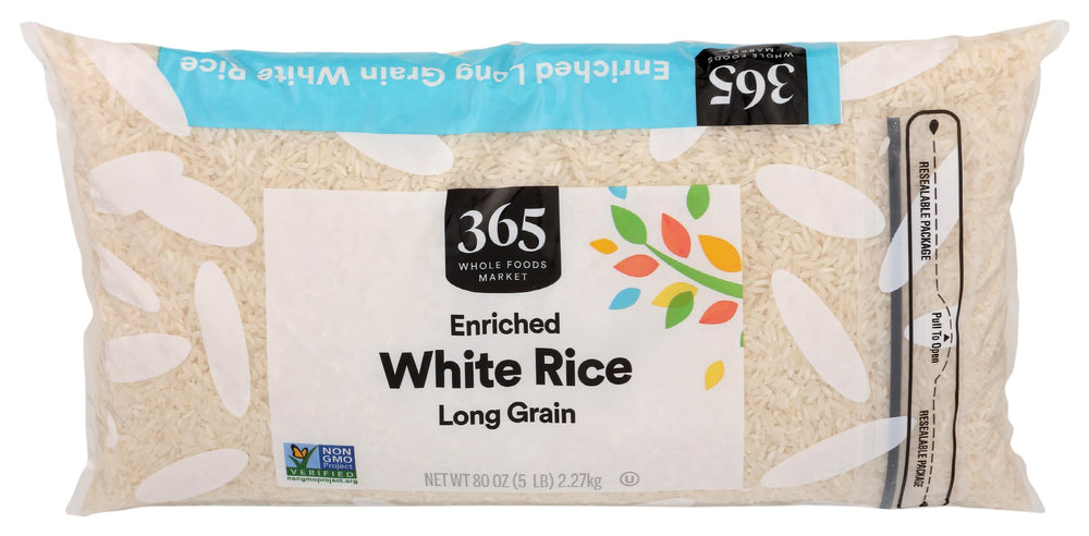 365 by Whole Foods Market enriched long grain white rice front label—trusted staple for quick meals.