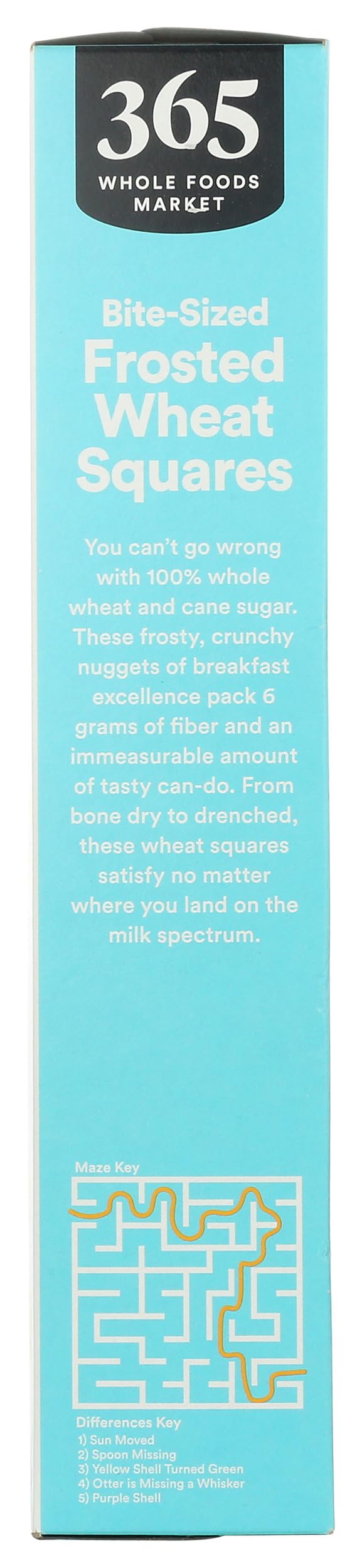 365 by Whole Foods Market Frosted Wheat Squares ingredients label showing wholesome content.