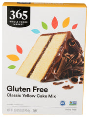 365 by Whole Foods Market gluten-free yellow cake mix box front, ready for gluten-free baking