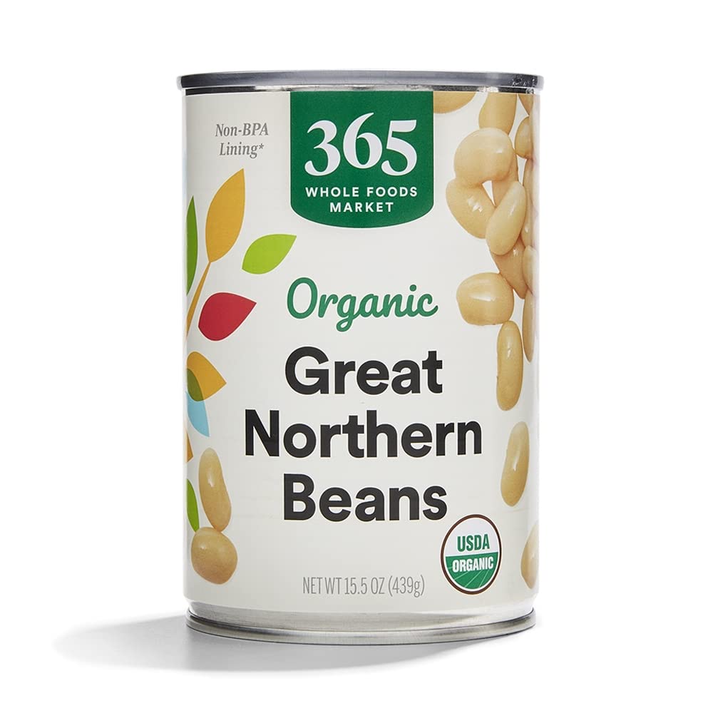 365 by Whole Foods Market Organic Great Northern Beans front label, fat-free pantry staple for quick meals.