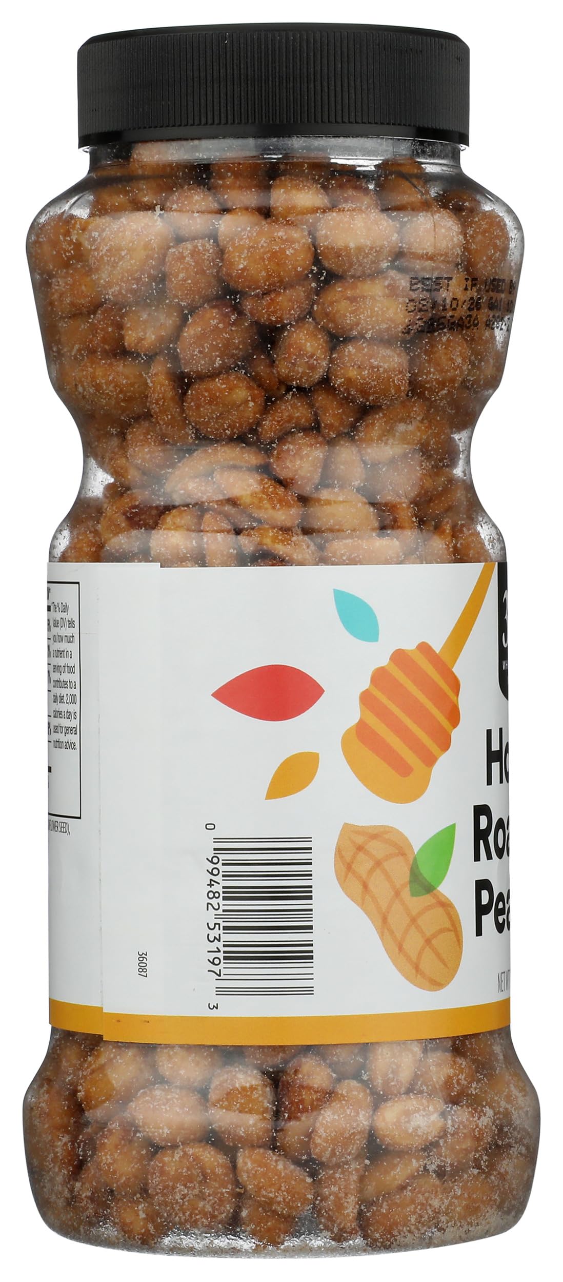 365 by Whole Foods Market honey roasted peanuts resealable lid closeup, freshness preserved.