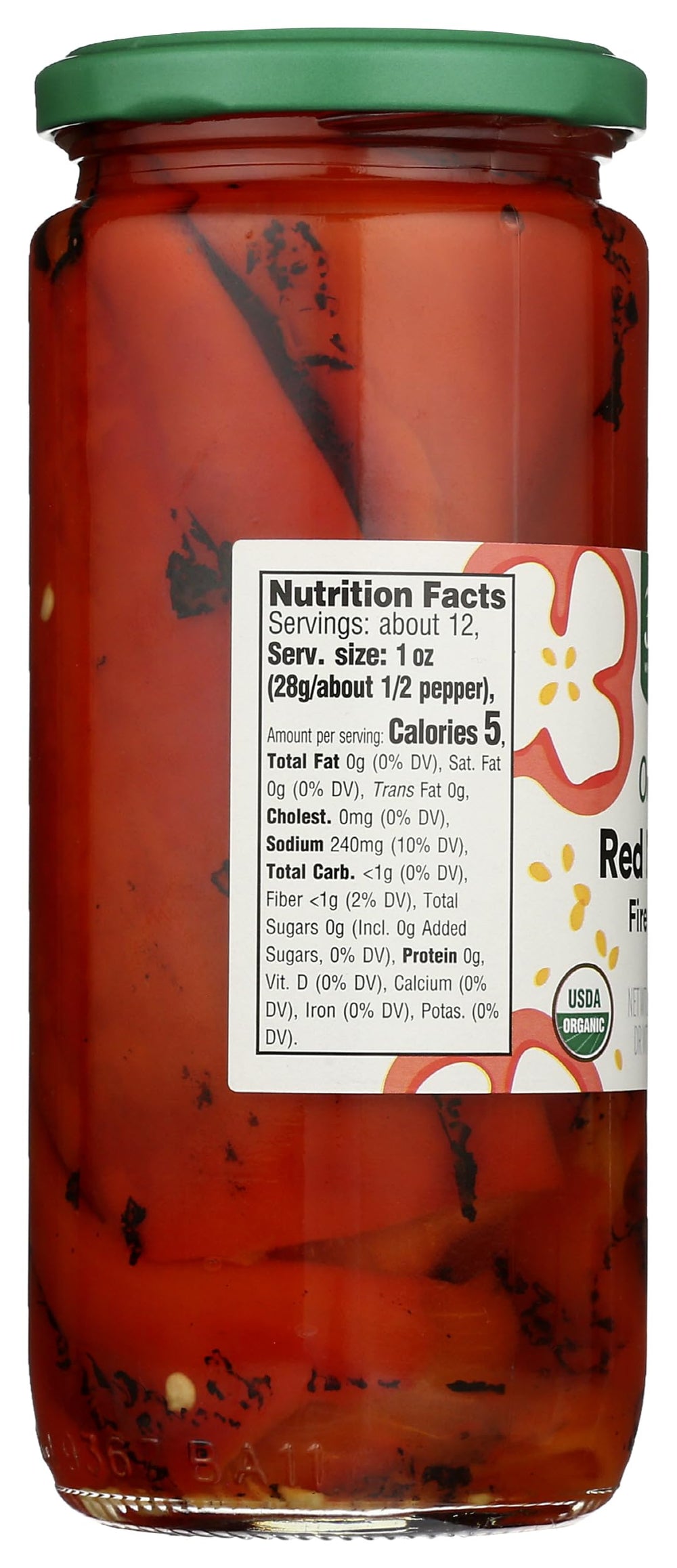365 by Whole Foods Market label front highlights organic, fire-roasted peppers
