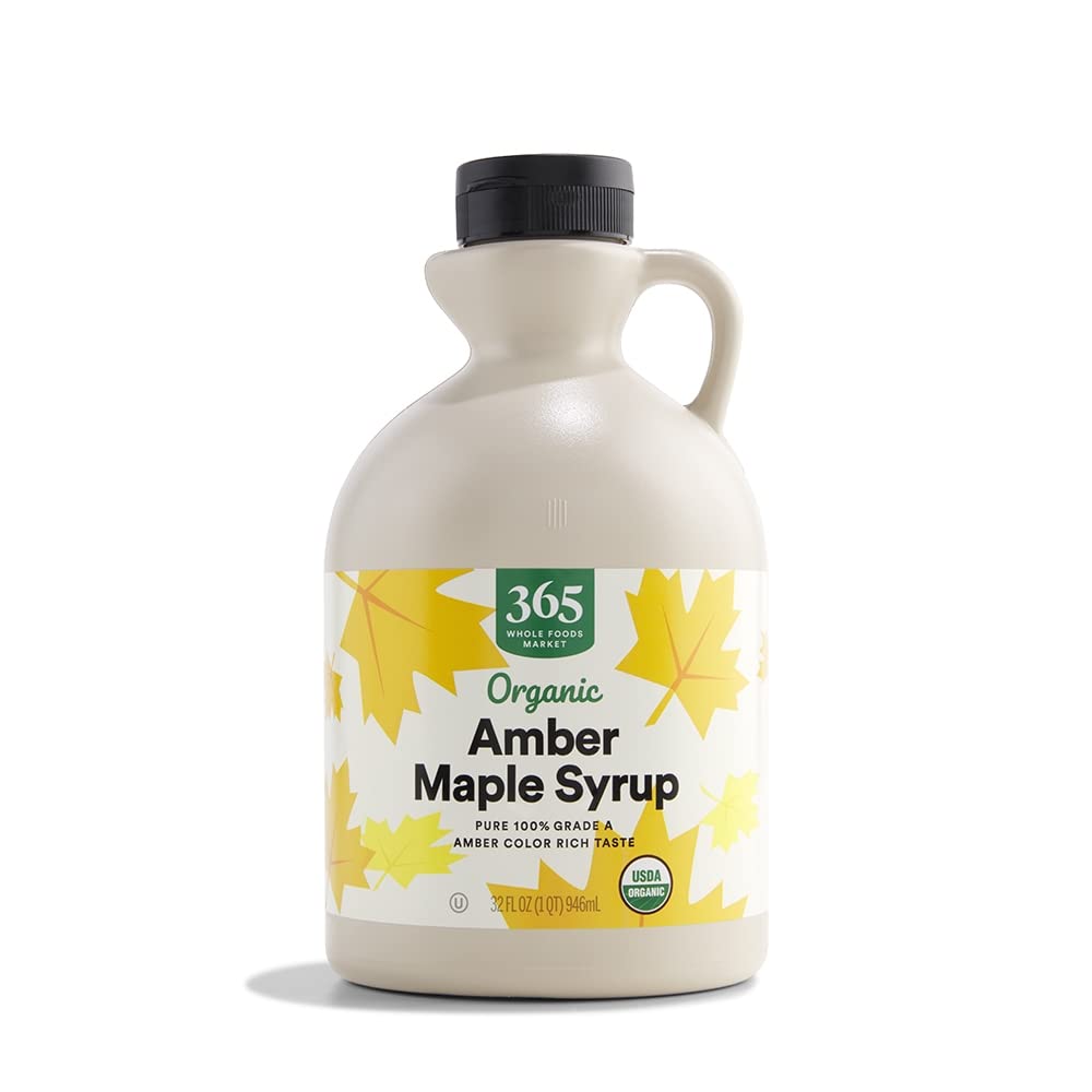 365 by Whole Foods Market organic amber maple syrup in a bottle ready for drizzle over pancakes