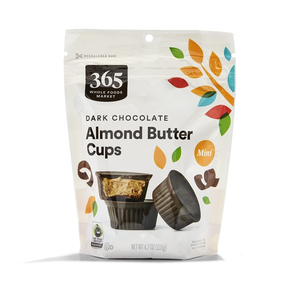 365 by Whole Foods Market mini dark chocolate almond butter cups pack, rich exterior.