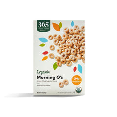 365 by Whole Foods Market Morning O's cereal box on the kitchen counter, a wholesome breakfast option.