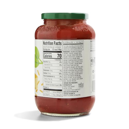 365 by Whole Foods Market sauce bottle showing no sugar added claim, a healthier option for pasta