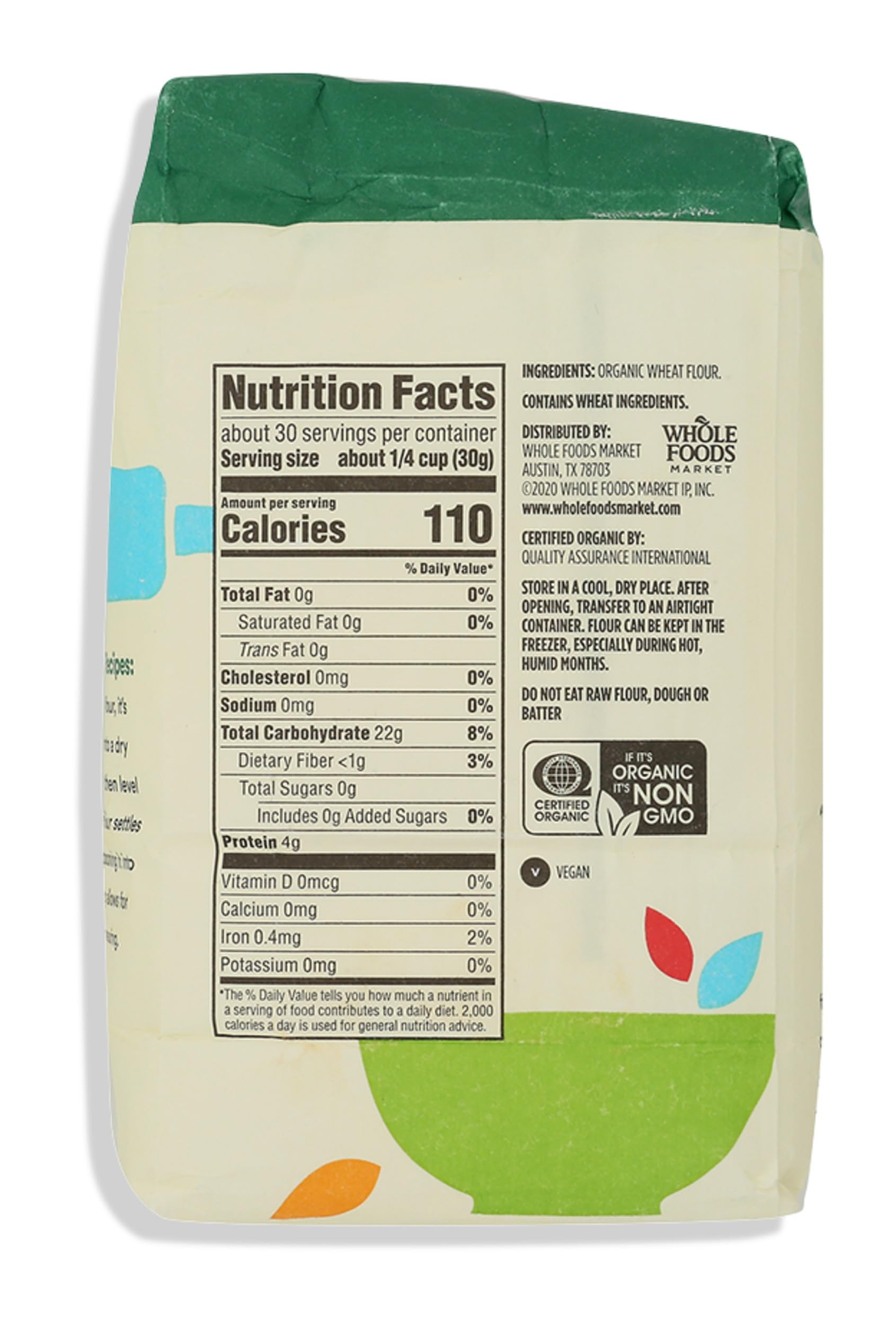 365 by Whole Foods Market Non-GMO badge on flour packaging for clean ingredients.