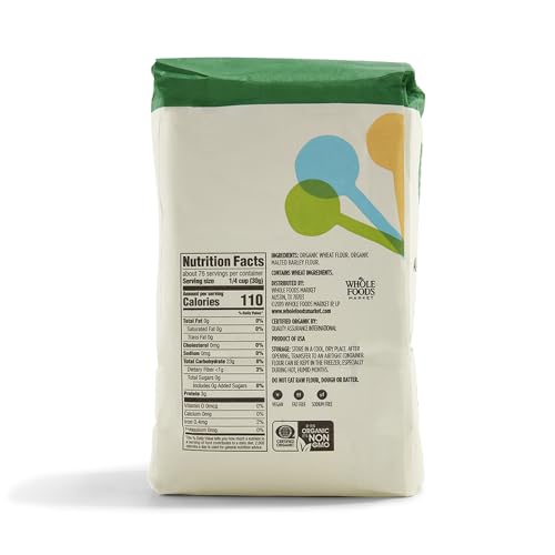 365 by Whole Foods Market organic all-purpose flour bag open showing fresh flour for recipes