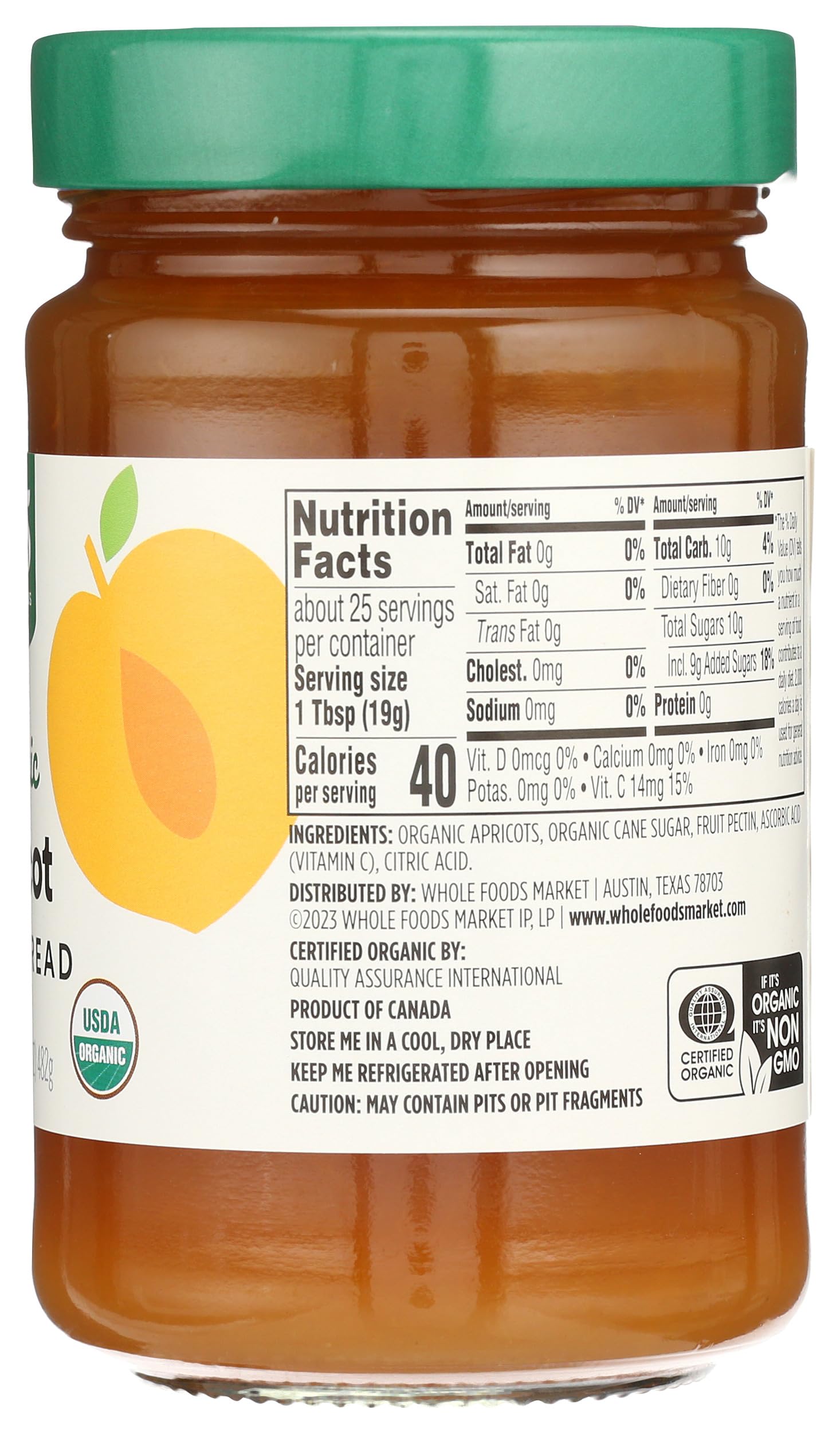 365 by Whole Foods Market Organic Apricot Fruit Spread label close-up highlights simple ingredients