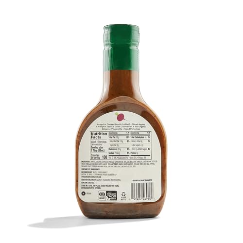 365 Organic Balsamic Vinaigrette label closeup highlights clean ingredients and no artificial sweeteners