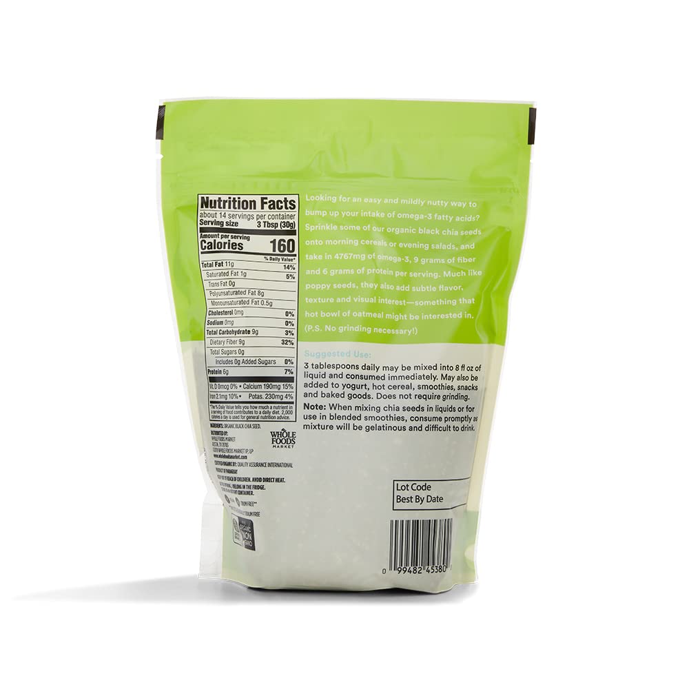 365 by Whole Foods Market chia seeds bag back showing organic certification and omega-3 notes