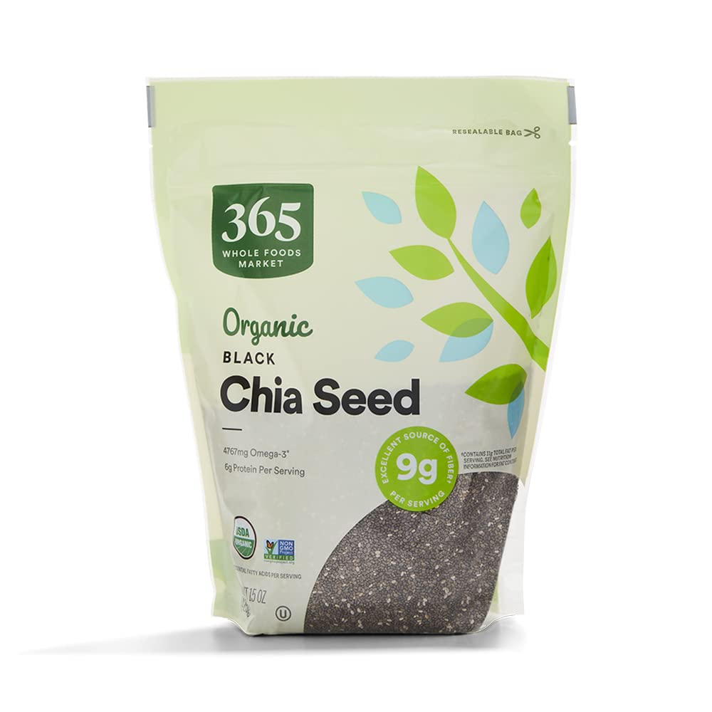 365 by Whole Foods Market organic black chia seeds bag front for smoothies and cereals