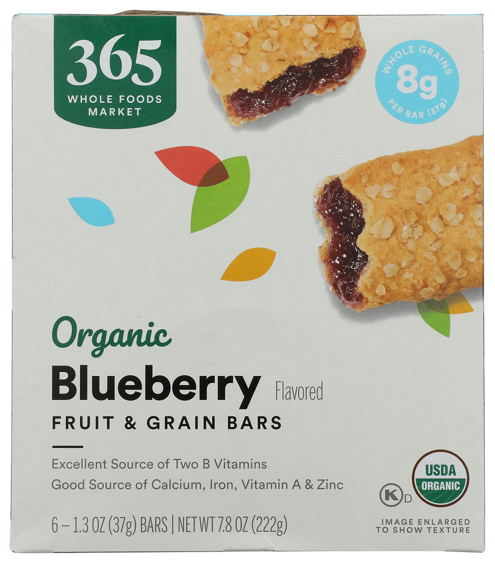 365 by Whole Foods Market organic blueberry cereal bar pack shot, convenient breakfast option.