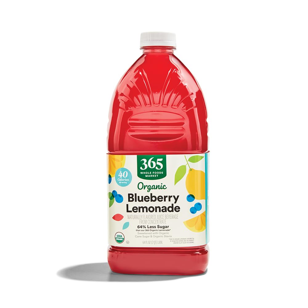 365 by Whole Foods Market Organic Blueberry Lemonade bottle on a table, refreshing organic flavor.