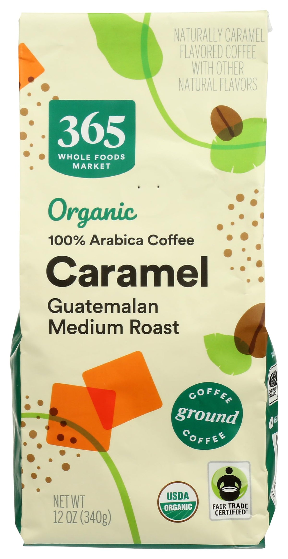 365 by Whole Foods Market Organic Caramel Ground Coffee packfront offers bold aroma for mornings.