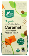 365 by Whole Foods Market Organic Caramel Ground Coffee packfront offers bold aroma for mornings.