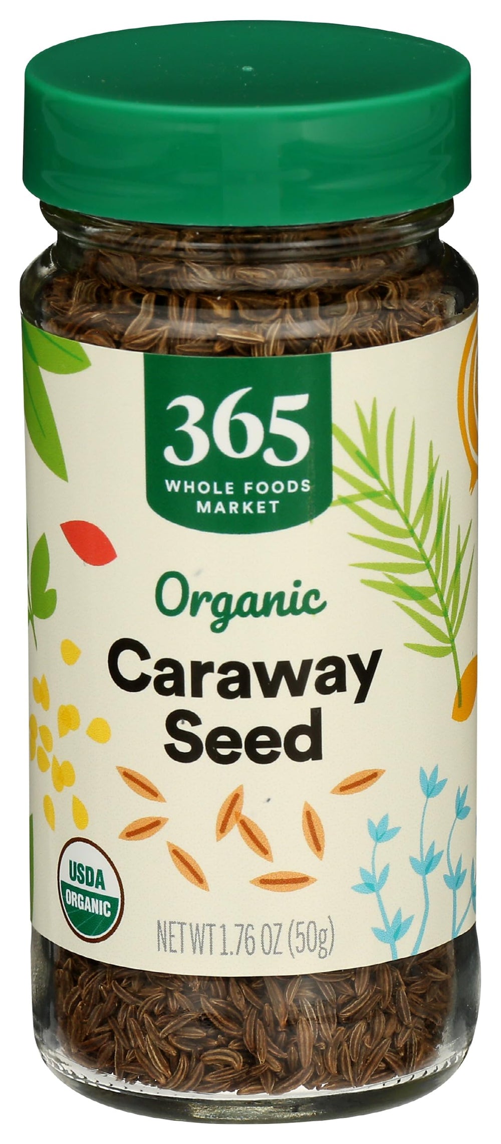 365 by Whole Foods Market organic caraway seed jar on kitchen shelf showing label