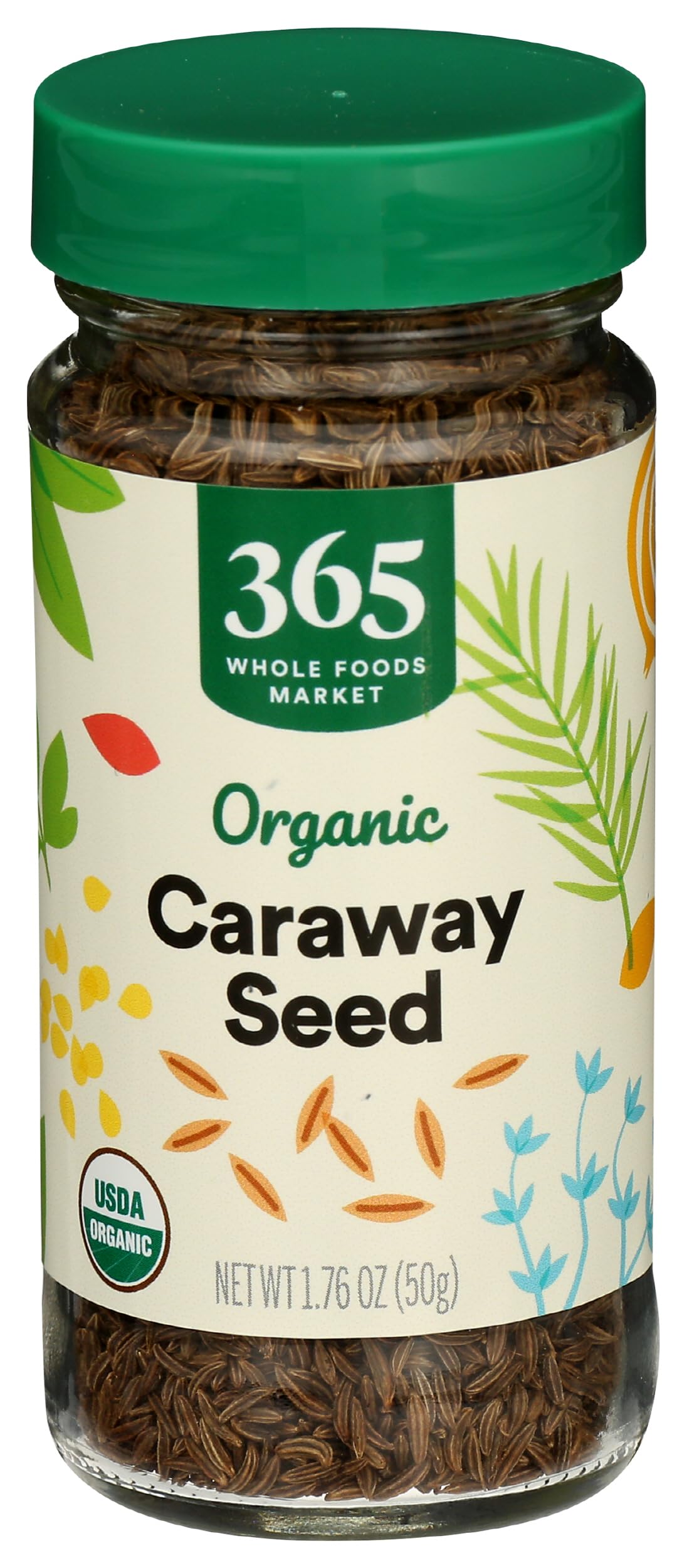 365 by Whole Foods Market organic caraway seed jar on kitchen shelf showing label