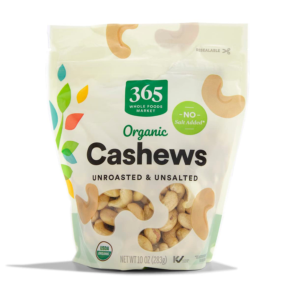 365 by Whole Foods Market organic cashews 10-ounce pack front for healthy snacking.