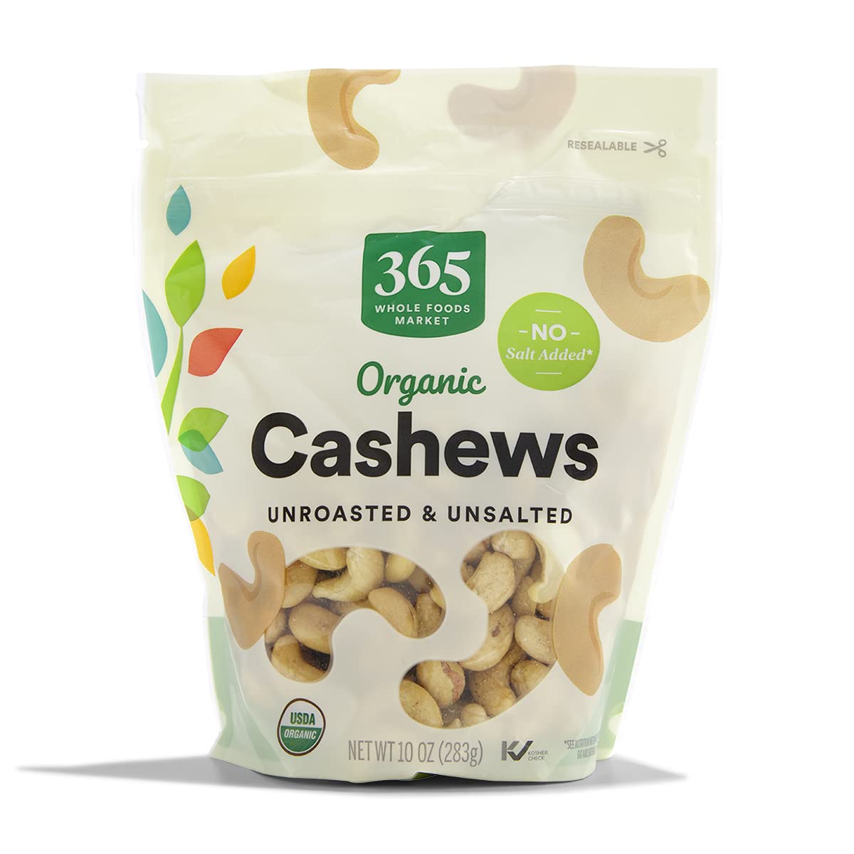 365 by Whole Foods Market organic cashews 10-ounce pack front for healthy snacking.