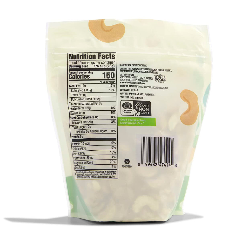 365 by Whole Foods Market organic cashews bag opened showing raw unsalted kernels.