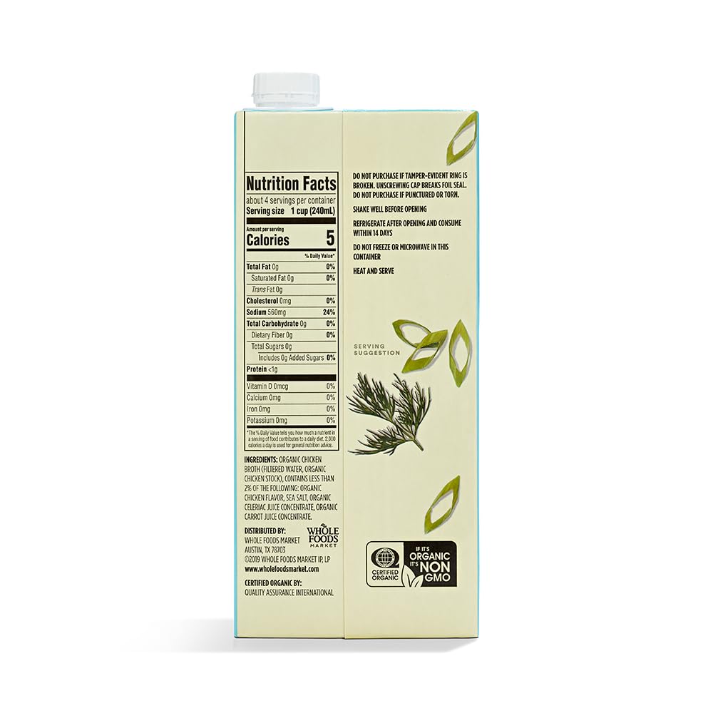 365 by Whole Foods Market organic chicken broth carton label close-up highlights clean ingredients.