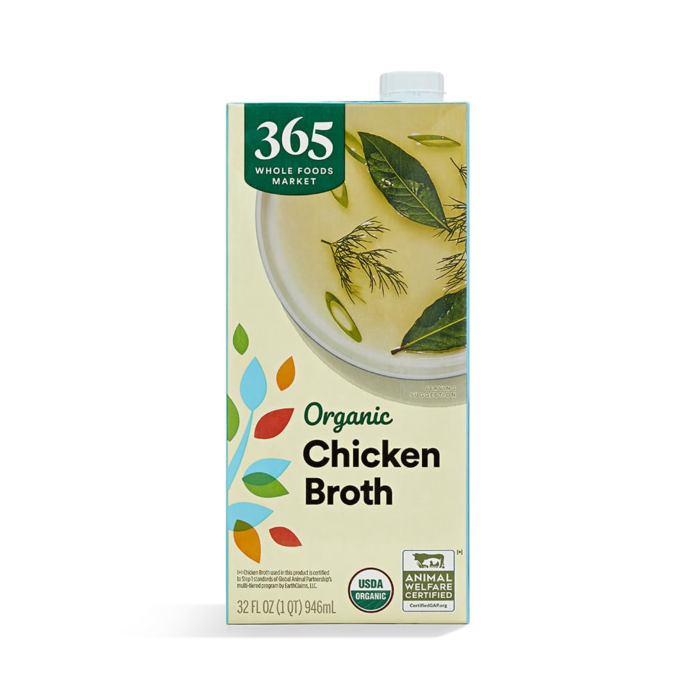 365 by Whole Foods Market organic chicken broth carton pouring as a versatile soup base.