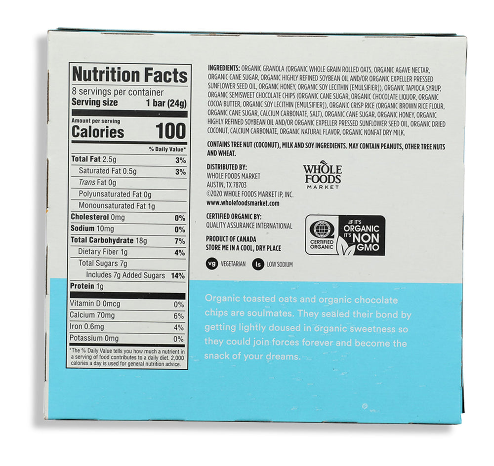 Close-up of chocolate chips in 365 by Whole Foods Market granola bars, chewy texture for quick snacks.