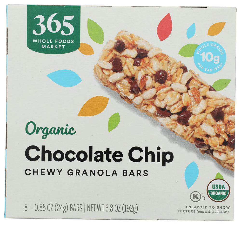 365 by Whole Foods Market Organic Chocolate Chip Chewy Granola Bars package front, convenient on-the-go snack.