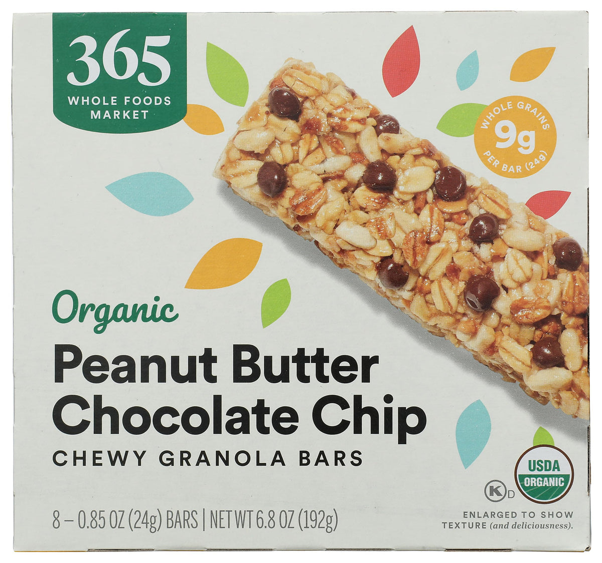 365 by Whole Foods Market packaging for organic chocolate chip peanut butter granola bar, ideal for on-the-go breakfast.