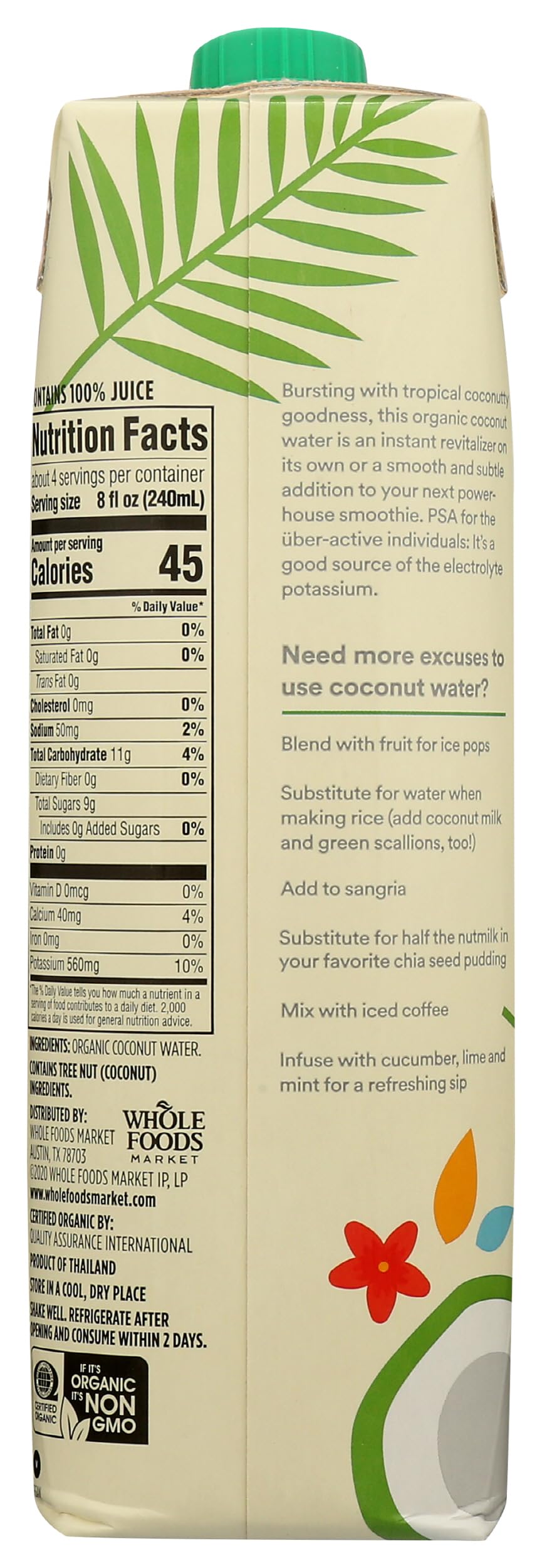 365 by Whole Foods Market organic coconut water pour-glass showing refreshing hydration on the go