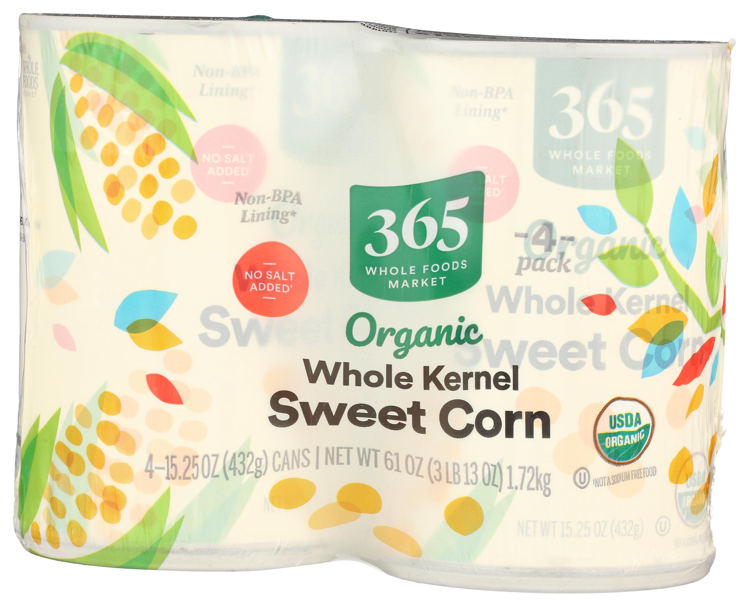 365 by Whole Foods Market organic corn label shows USDA Organic and Non-GMO verification.