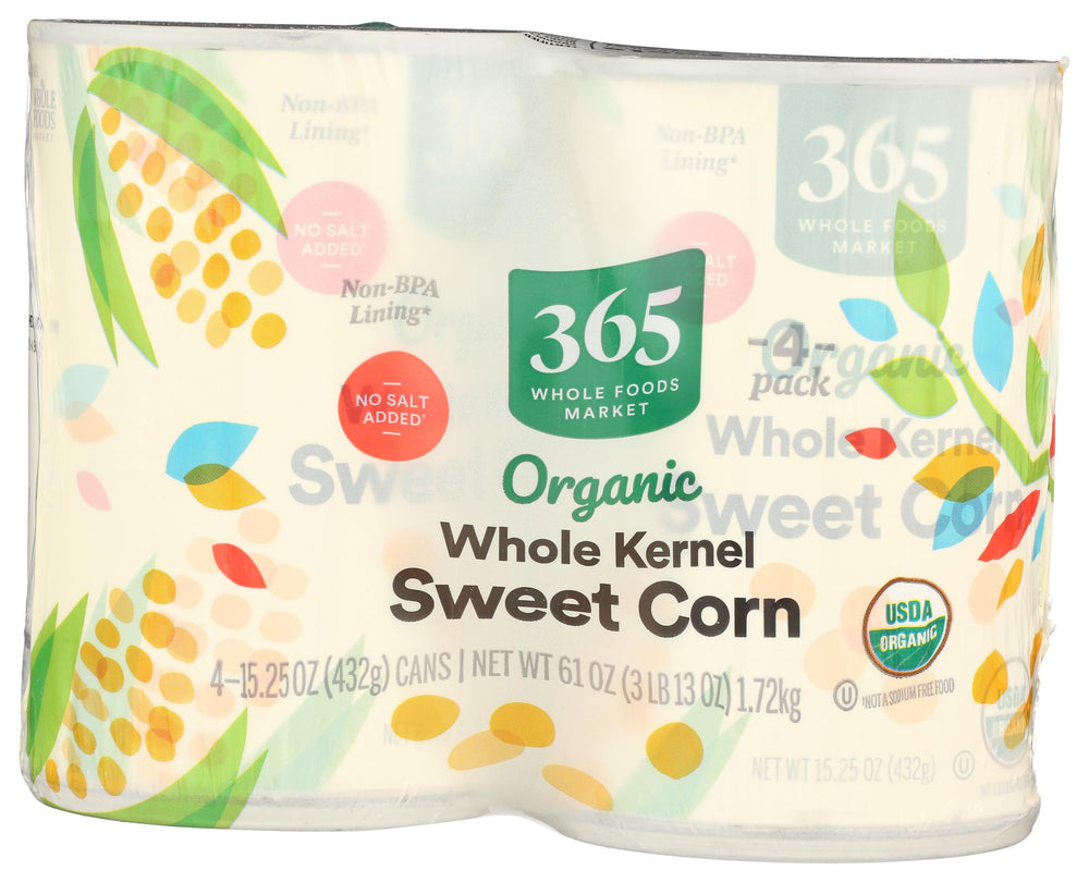 365 by Whole Foods Market organic corn label shows USDA Organic and Non-GMO verification.