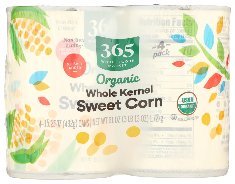 365 by Whole Foods Market organic corn can close-up highlights no salt added.