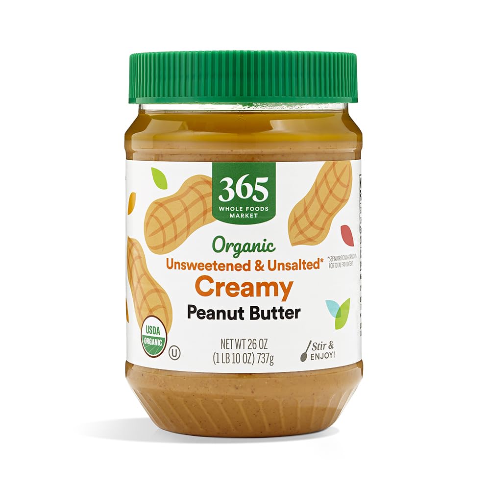 365 by Whole Foods Market organic creamy peanut butter jar for spreads and recipes.