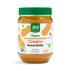 365 by Whole Foods Market organic creamy peanut butter jar for spreads and recipes.