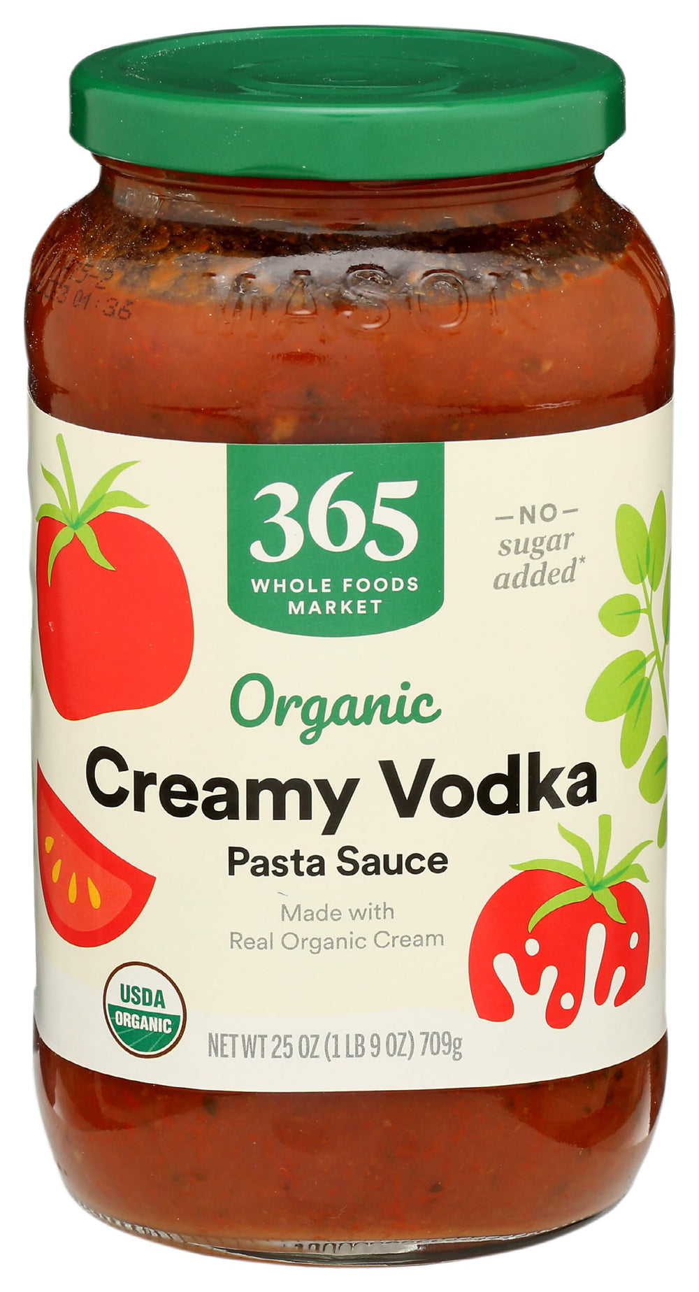 365 by Whole Foods Market organic creamy vodka pasta sauce bottle on pantry shelf for rich meals