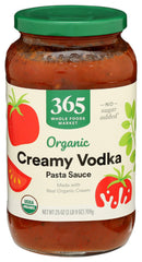 365 by Whole Foods Market organic creamy vodka pasta sauce bottle on pantry shelf for rich meals