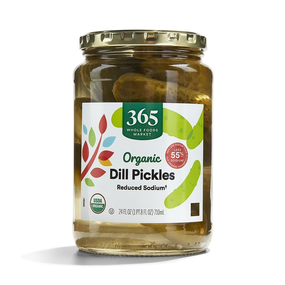 365 by Whole Foods Market dill pickles jar with crisp texture and reduced sodium.