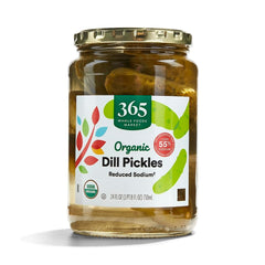 365 by Whole Foods Market dill pickles jar with crisp texture and reduced sodium.