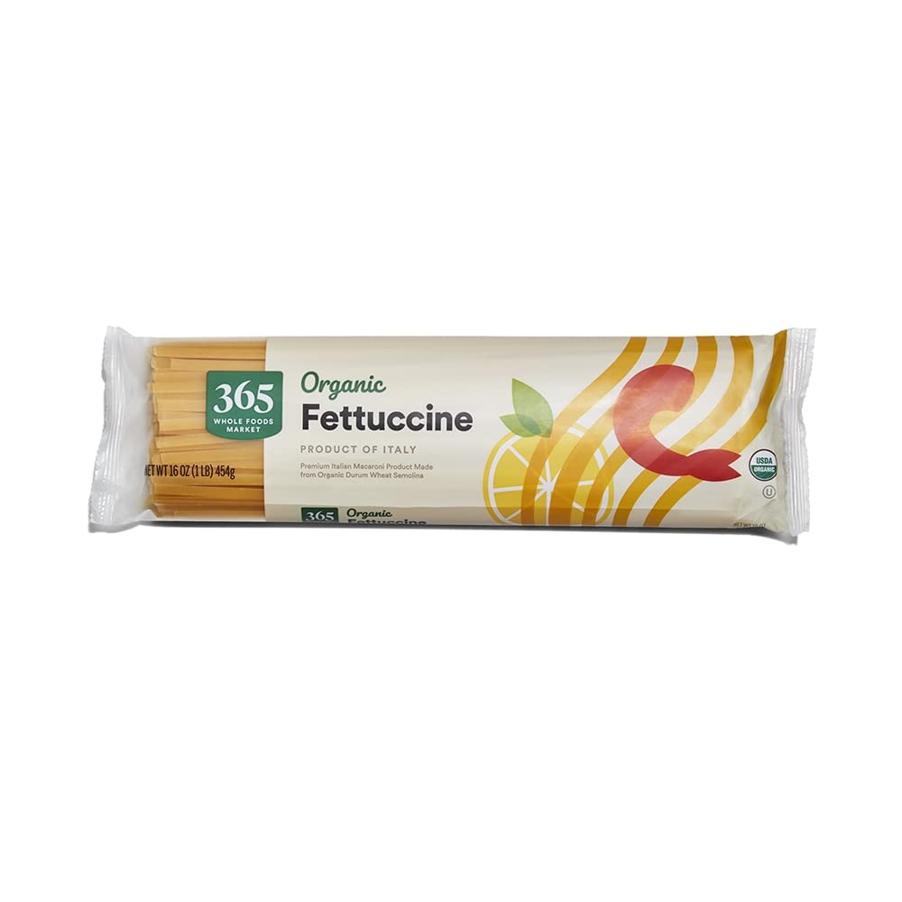 365 by Whole Foods Market organic fettuccine pack showing premium durum wheat for comforting meals