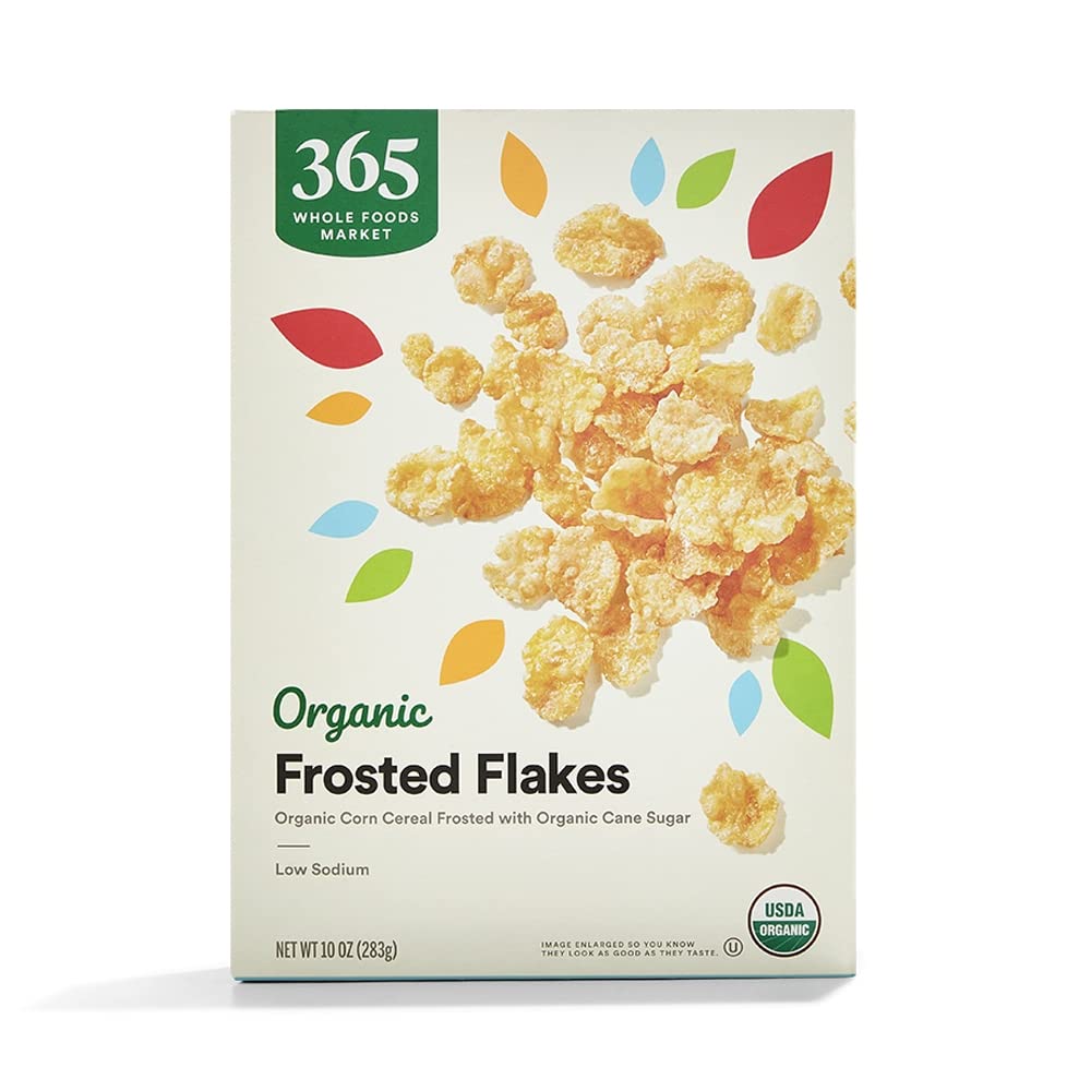 365 by Whole Foods Market Organic Frosted Flakes cereal box showing wholesome ingredients and simple breakfast option