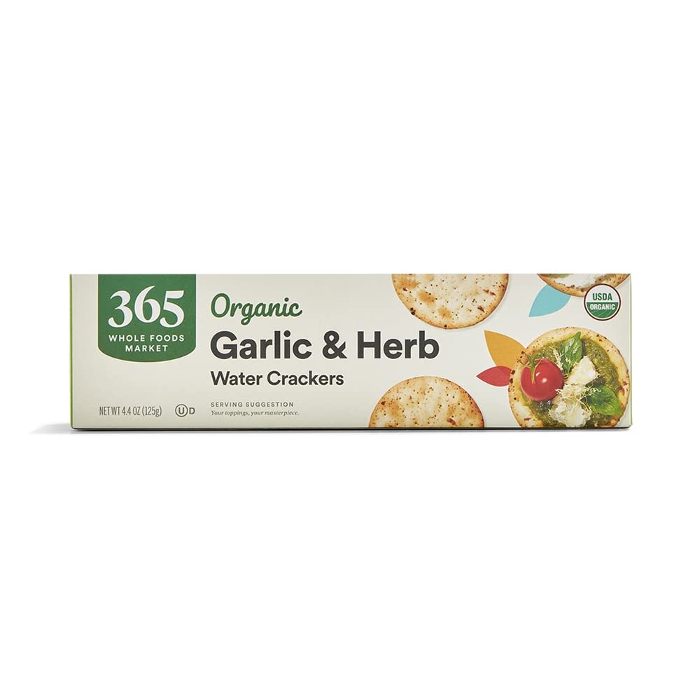 365 by Whole Foods Market packaging of organic garlic and herb water crackers for snacking