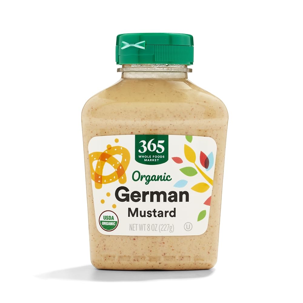 365 by Whole Foods Market organic German mustard bottle with label adds tangy flavor to sandwiches.