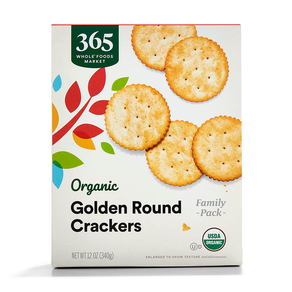 365 by Whole Foods Market organic golden round crackers packshot, ideal for easy snacking