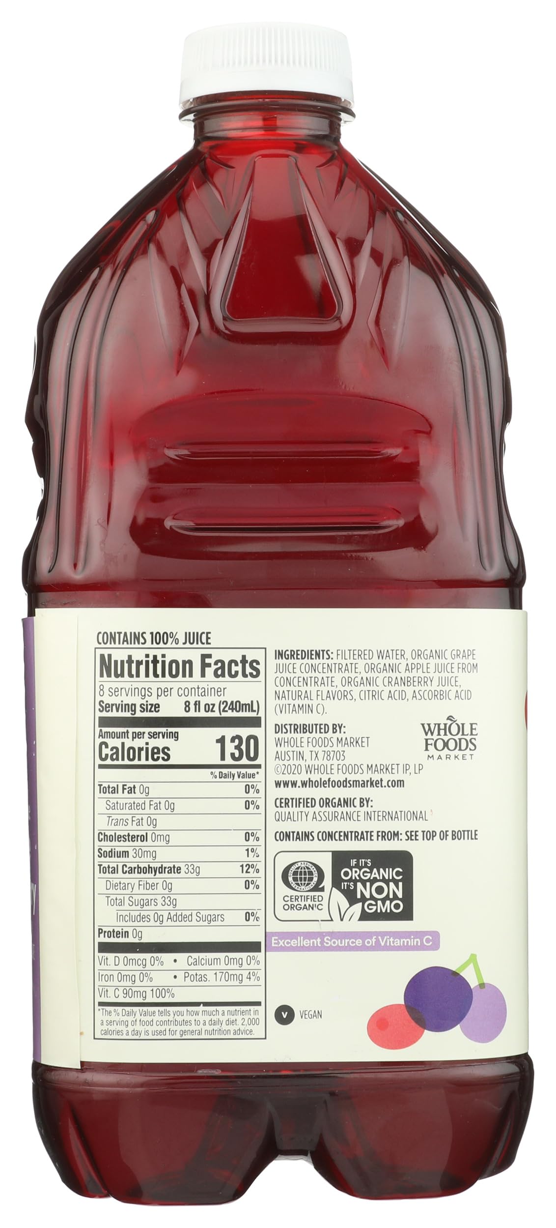 365 by Whole Foods Market grape-cranberry juice in a glass, ready to drink