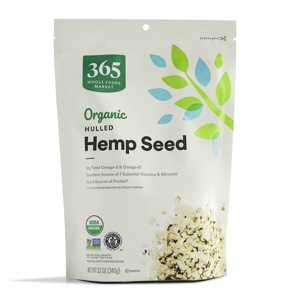 365 by Whole Foods Market organic hulled hemp seeds bag front view for pantry staple use