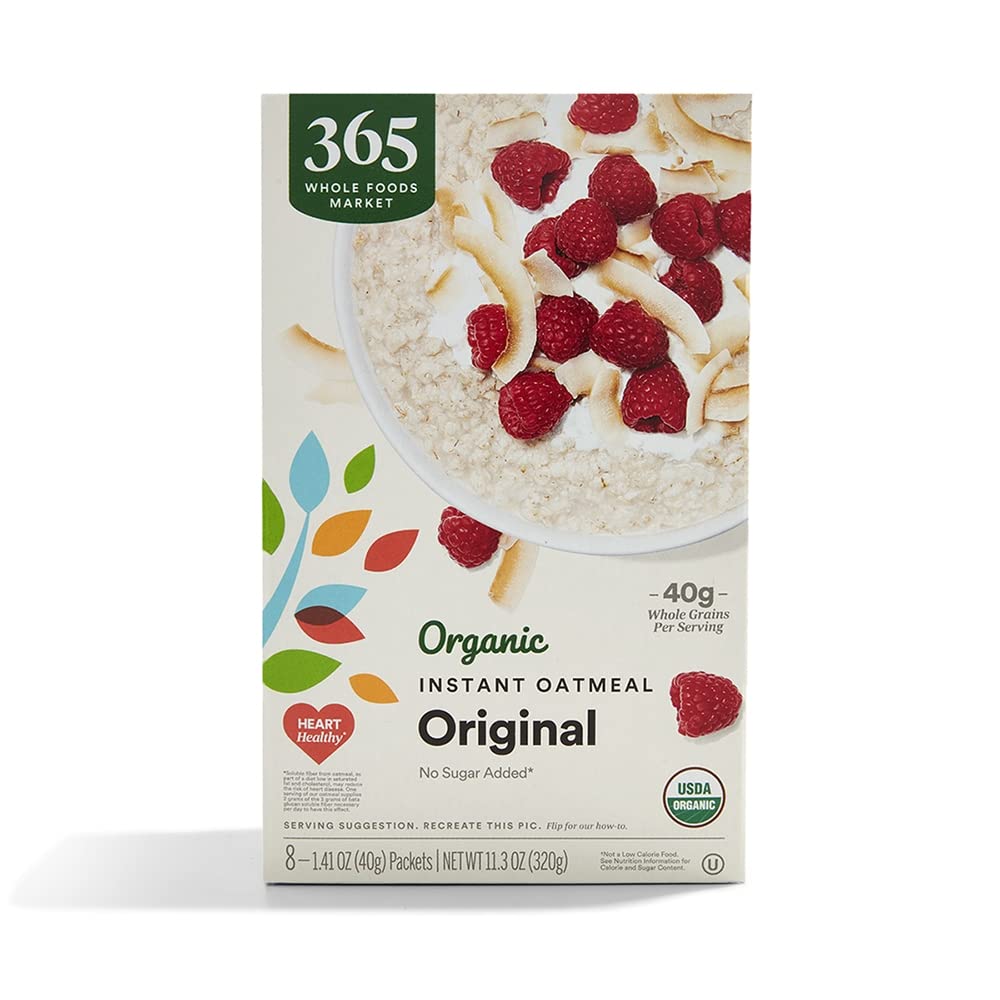 365 by Whole Foods Market Organic Instant Oatmeal Original eight-pack, ready in 90 seconds for a quick breakfast.